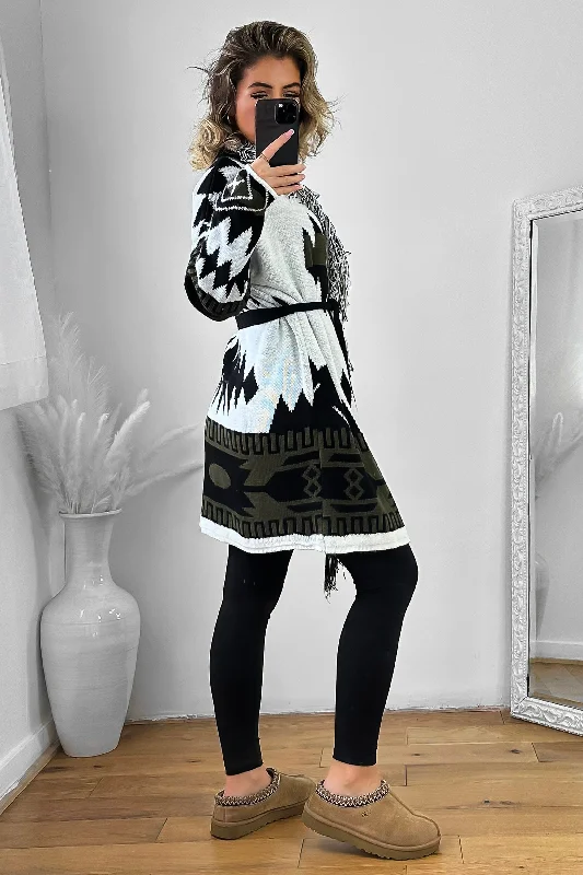 native-print-fringed-waist-tie-thick-knit-cardigan