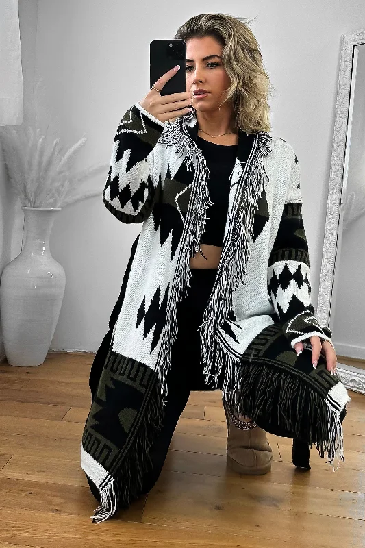 native-print-fringed-waist-tie-thick-knit-cardigan