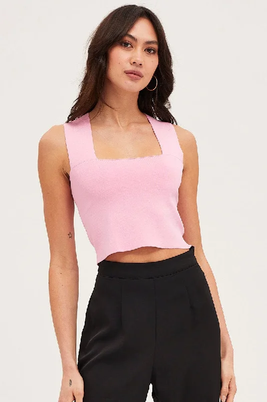 Pink Knit Top Sleeveless Crop Square Neck