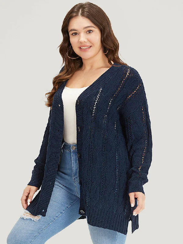 plain-button-up-cable-knit-split-side-cardigan