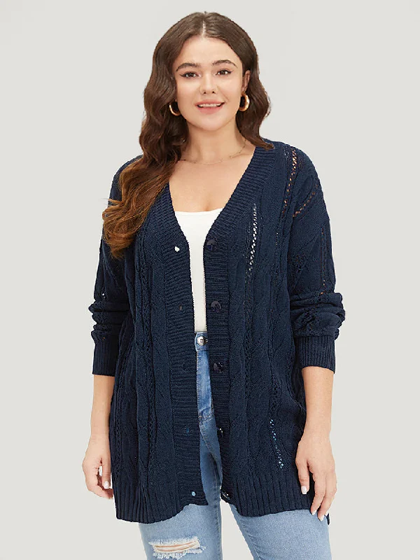 plain-button-up-cable-knit-split-side-cardigan