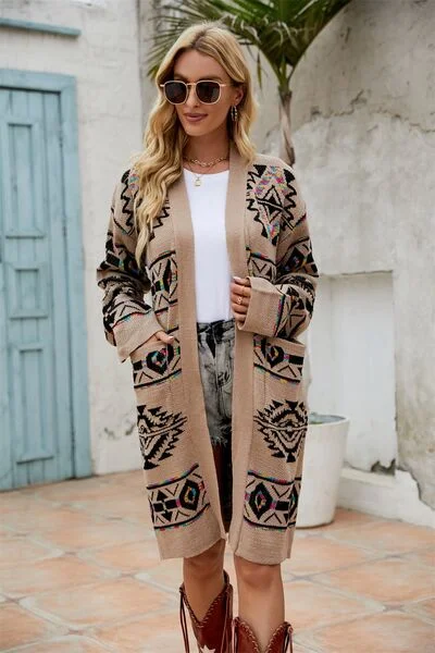 pocketed-geometric-open-front-dropped-shoulder-cardigan