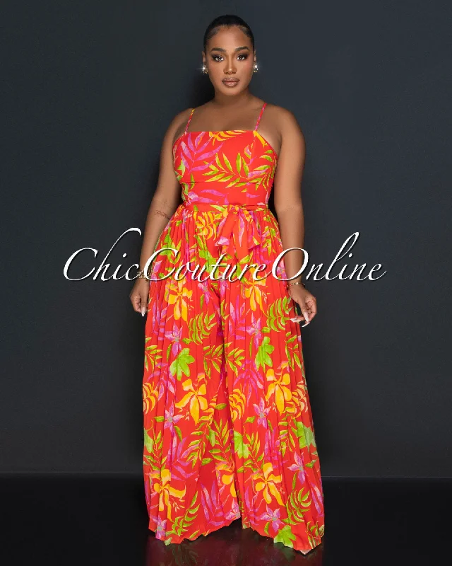 prisca-orange-floral-print-pleated-jumpsuit