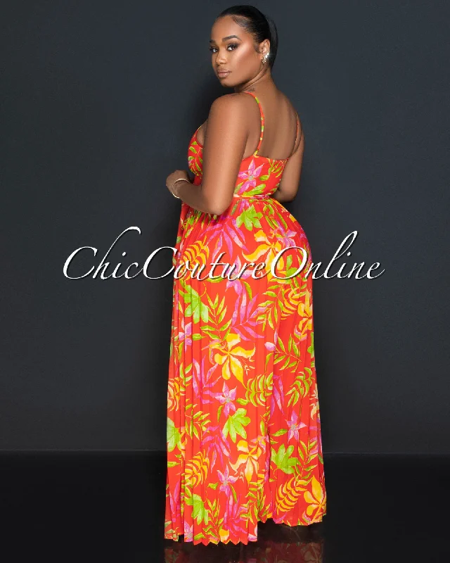 prisca-orange-floral-print-pleated-jumpsuit