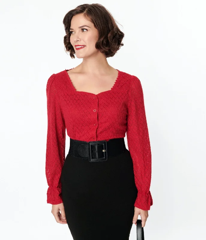 Red Perforated Diamond Knit Cardigan