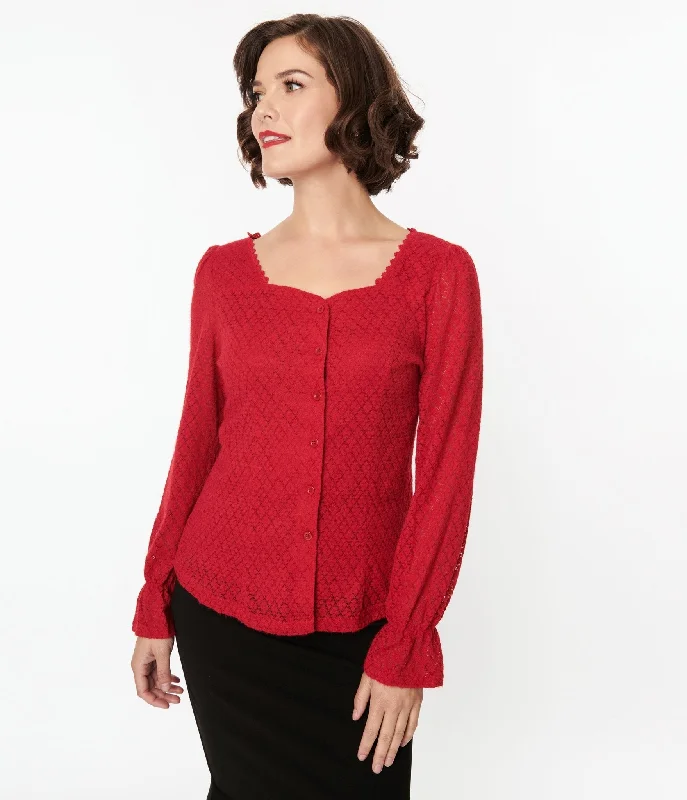 red-perforated-diamond-knit-cardigan