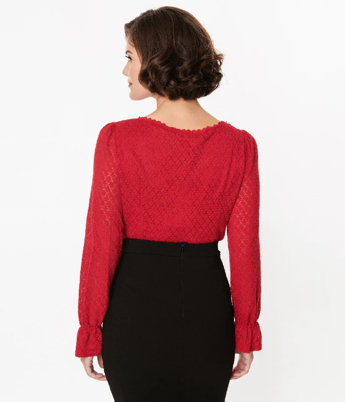 red-perforated-diamond-knit-cardigan