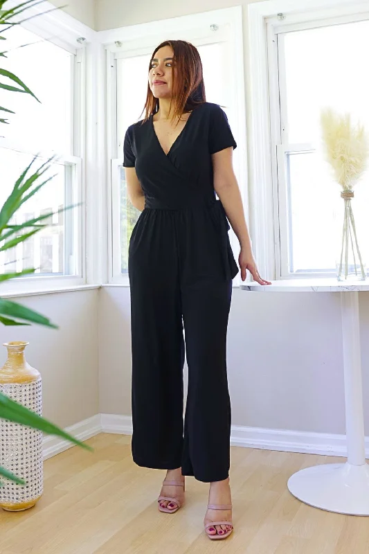 Petite V Neck Short Sleeve Belted Wide Leg Jumpsuit with Faux Wrap (Black)