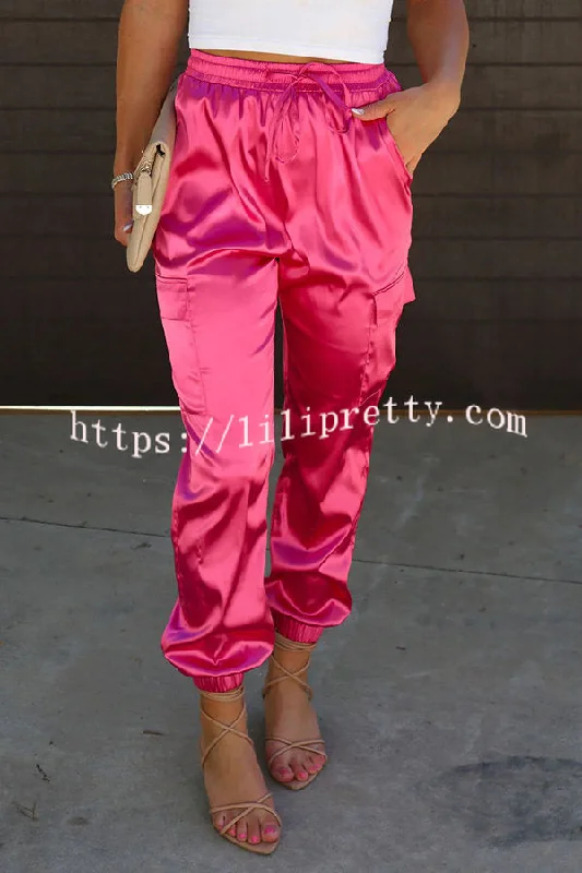 Lilipretty Something Great Satin Pocketed Elastic Waist Cargo Pants