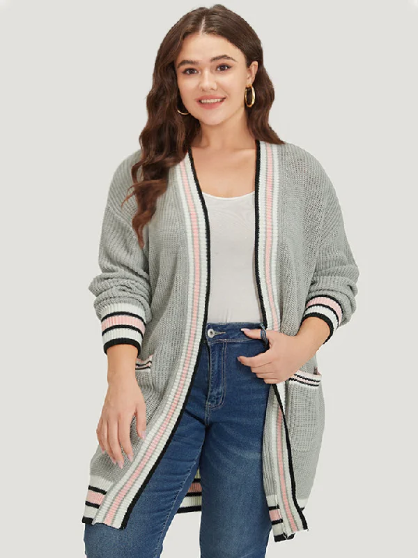 striped-contrast-drop-shoulder-elastic-cuffs-cardigan