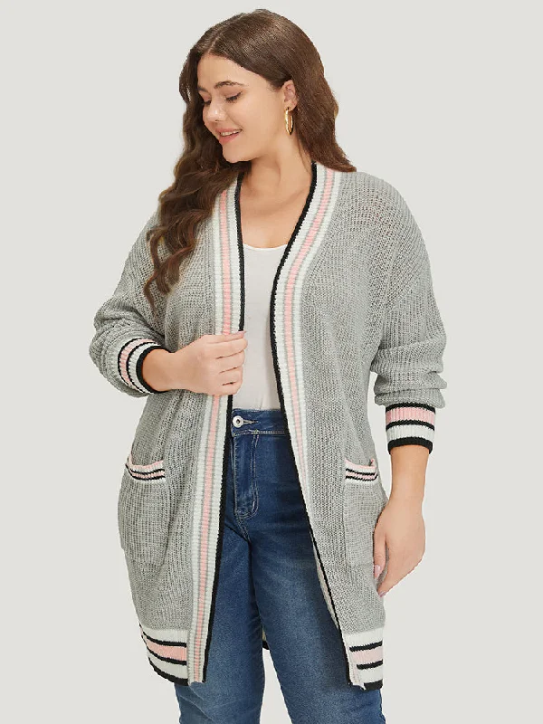 striped-contrast-drop-shoulder-elastic-cuffs-cardigan