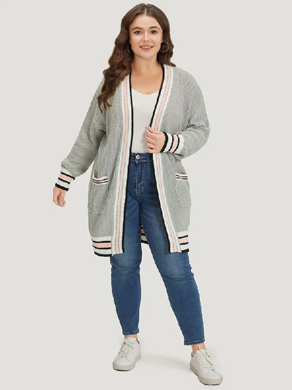 striped-contrast-drop-shoulder-elastic-cuffs-cardigan