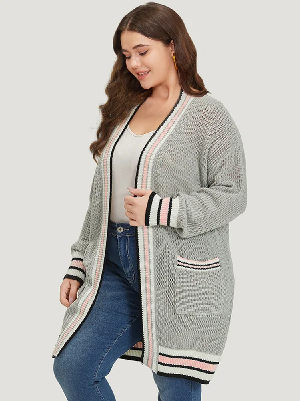 striped-contrast-drop-shoulder-elastic-cuffs-cardigan