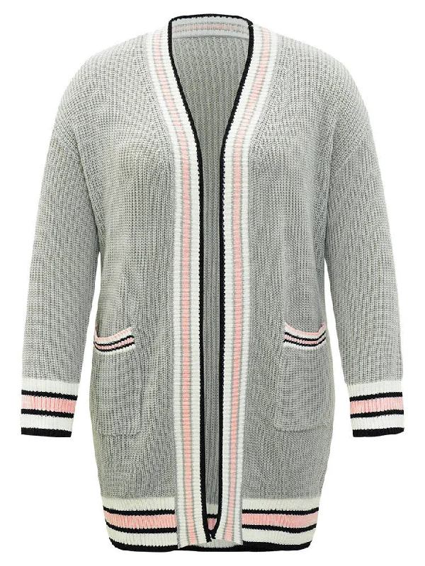 striped-contrast-drop-shoulder-elastic-cuffs-cardigan