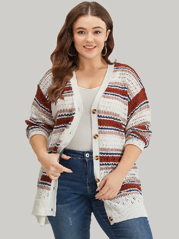 Striped Contrast Pointelle Knit Button Through Cardigan