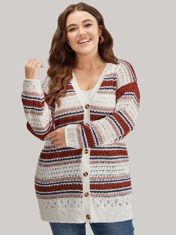 striped-contrast-pointelle-knit-button-through-cardigan