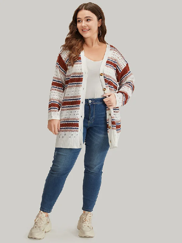 striped-contrast-pointelle-knit-button-through-cardigan