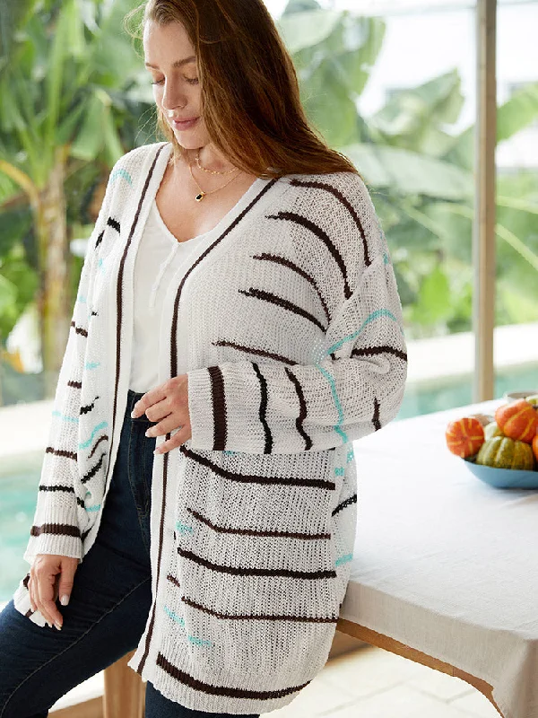 Striped Open Front Contrast Mesh Cardigan