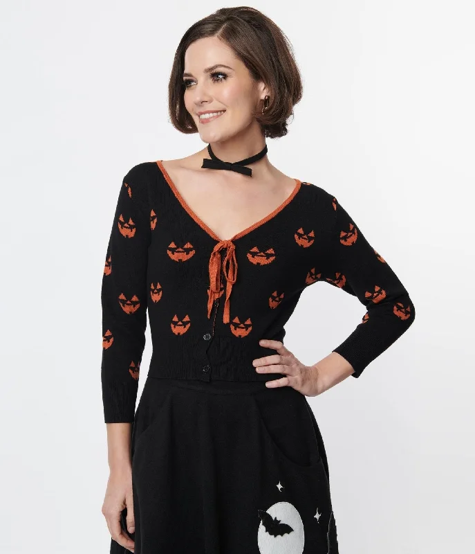 Unique Vintage Black & Orange Pumpkin Crop Cardigan