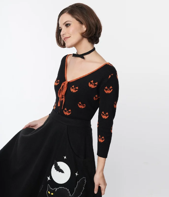 unique-vintage-black-orange-pumpkin-crop-cardigan