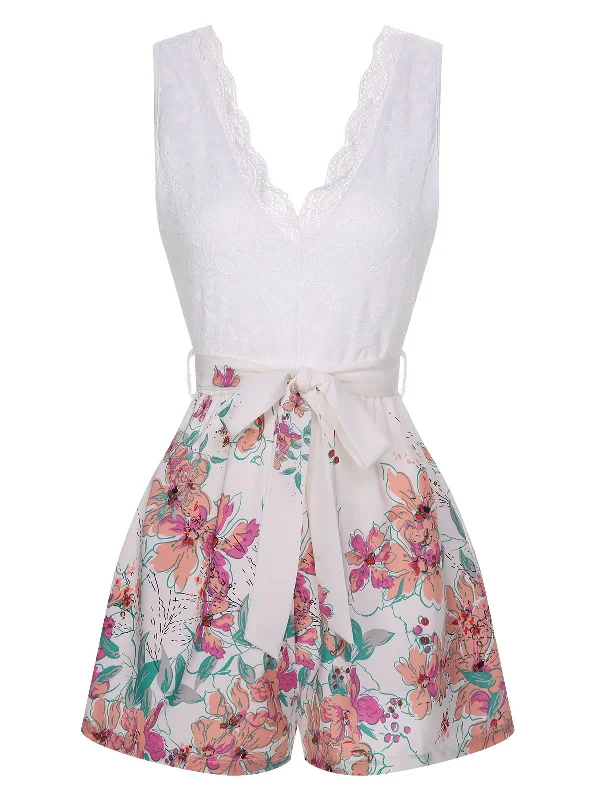 White 1940s Floral Lace V-Neck Romper